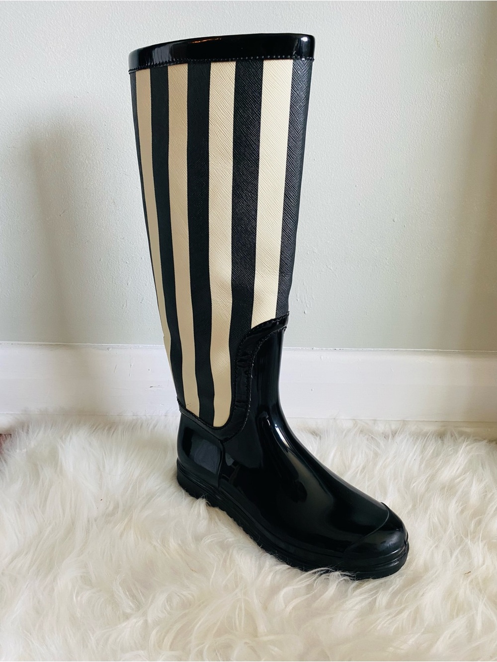 Dolce & Gabbana Wellington Knee High Black & Off White Striped Rain Boots - Picture 12 of 17